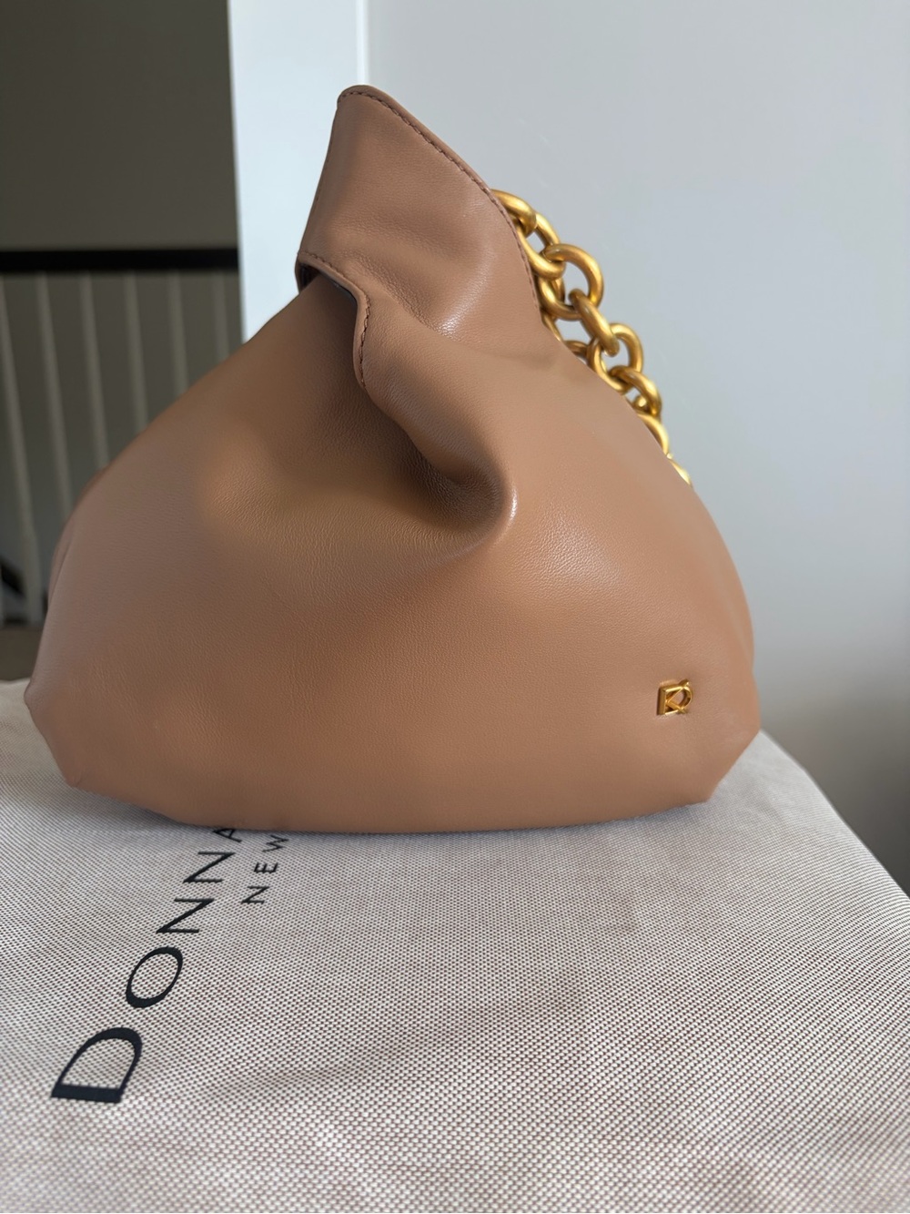 Donna Karan NY Lawrence Leather Wristlet with Gold Chain - Tan/Beige - Like New
